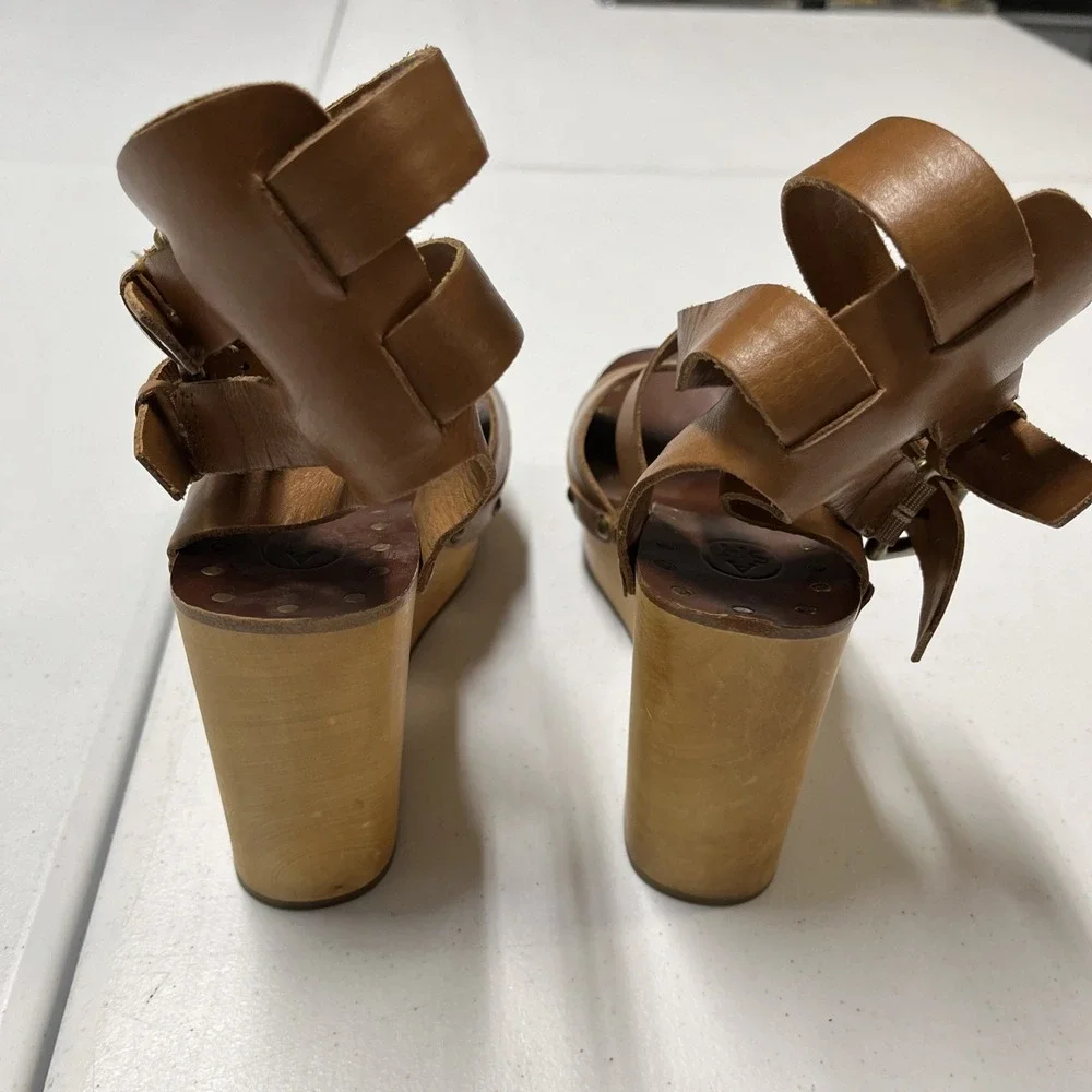 Ash Sandal Wedge‎ Strappy Wrap Ankle Platform Brown Leather Size 37 6.5 Studded